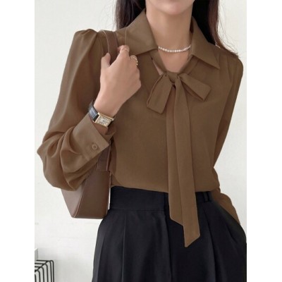 Solid Tie Neck Puff Sleeve Blouse - Choose Your Size