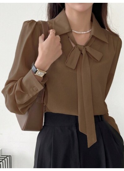 Solid Tie Neck Puff Sleeve Blouse - Choose Your Size