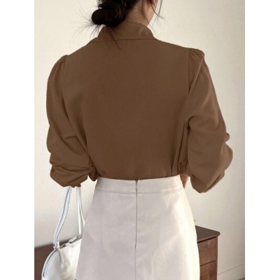 Solid Tie Neck Puff Sleeve Blouse - Choose Your Size