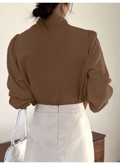 Solid Tie Neck Puff Sleeve Blouse - Choose Your Size