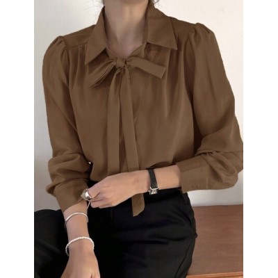 Solid Tie Neck Puff Sleeve Blouse - Choose Your Size