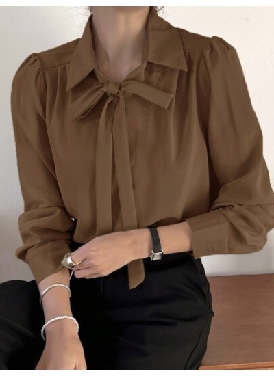 Solid Tie Neck Puff Sleeve Blouse - Choose Your Size