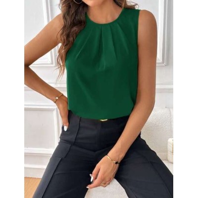 Clasi Solid Fold Pleated Detail Sleeveless Blouse - Choose Your Size