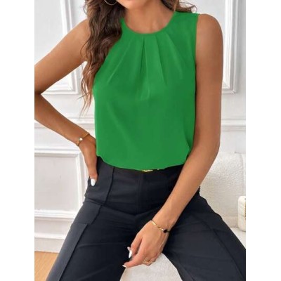 Clasi Solid Fold Pleated Detail Sleeveless Blouse - Choose Your Size