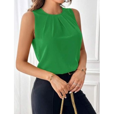 Clasi Solid Fold Pleated Detail Sleeveless Blouse - Choose Your Size