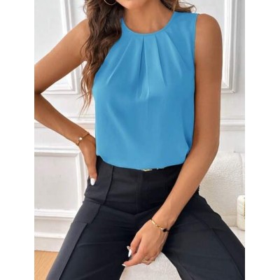 Clasi Women.s Ruffle Round Neck Sleeveless Blouse - Choose Your Size