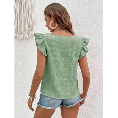 VCAY Women.s Square Neck Green Flutter Sleeve Shirt - Choose Your Size