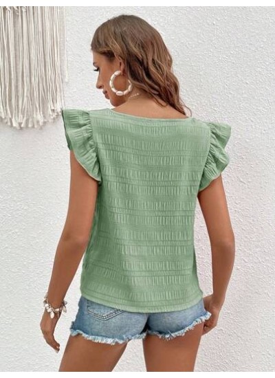 VCAY Women.s Square Neck Green Flutter Sleeve Shirt - Choose Your Size