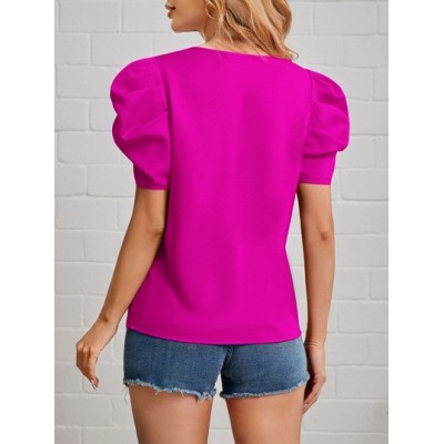 Clasi Notched Neck Puff Sleeve Seam Front Blouse - Choose Your Size