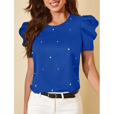 Clasi Solid Puff Sleeve Pearls Beaded Top - Choose Your Size