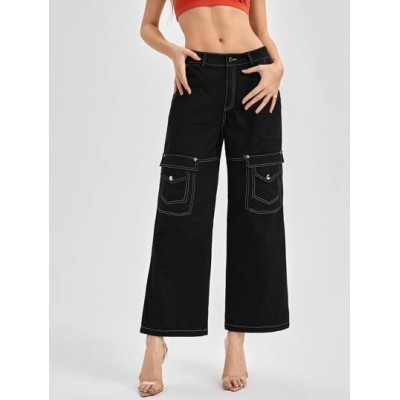 My0812retro Streetwear Flap Pocket Top-stitching Wide Leg Pants - Choose Your Si