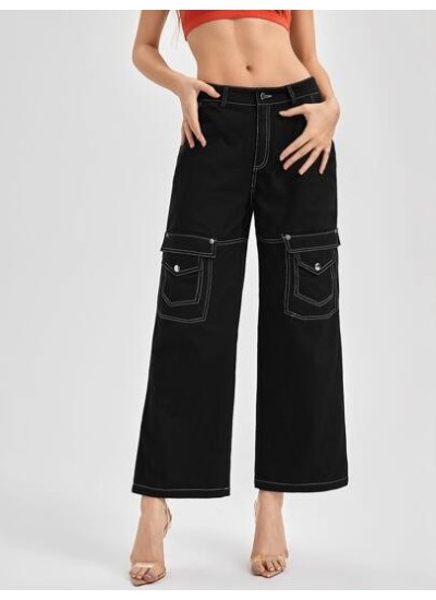 My0812retro Streetwear Flap Pocket Top-stitching Wide Leg Pants - Choose Your Si