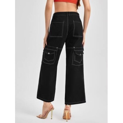 My0812retro Streetwear Flap Pocket Top-stitching Wide Leg Pants - Choose Your Si