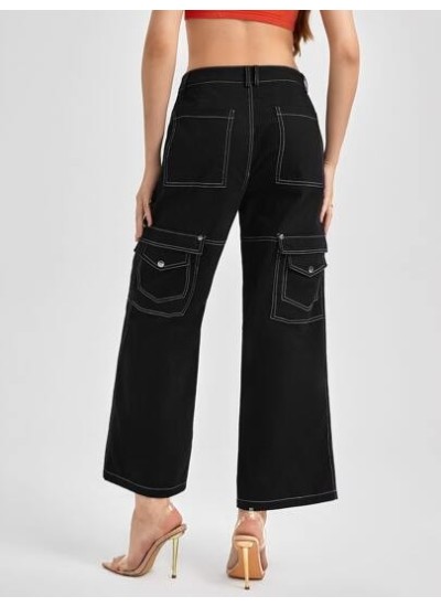 My0812retro Streetwear Flap Pocket Top-stitching Wide Leg Pants - Choose Your Si