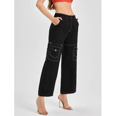 My0812retro Streetwear Flap Pocket Top-stitching Wide Leg Pants - Choose Your Si