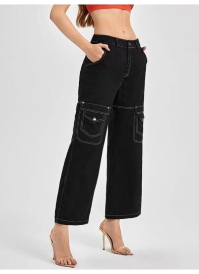 My0812retro Streetwear Flap Pocket Top-stitching Wide Leg Pants - Choose Your Si