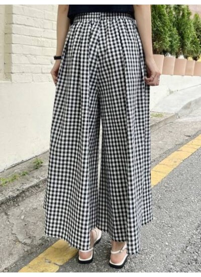 Gingham Print Drawstring Waist Wide Leg Pants - Choose Your Size