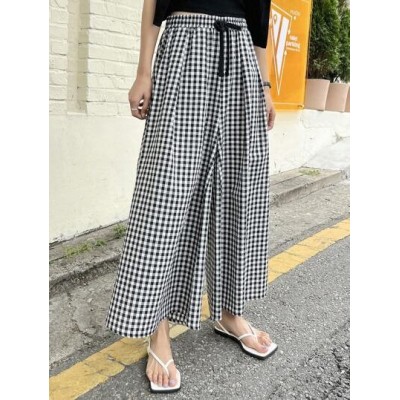 Gingham Print Drawstring Waist Wide Leg Pants - Choose Your Size