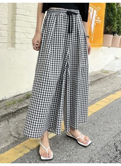 Gingham Print Drawstring Waist Wide Leg Pants - Choose Your Size