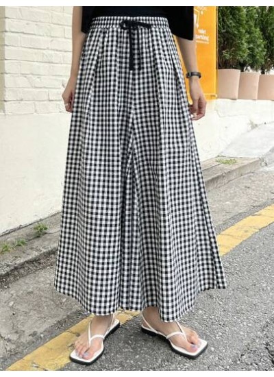 Gingham Print Drawstring Waist Wide Leg Pants - Choose Your Size