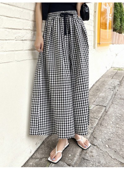 Gingham Print Drawstring Waist Wide Leg Pants - Choose Your Size