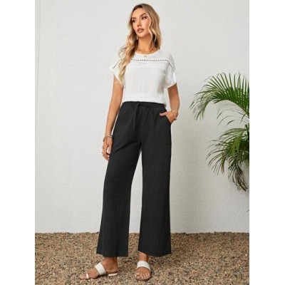 LUNE Solid Knot Front Wide Leg Pants - Choose Your Size