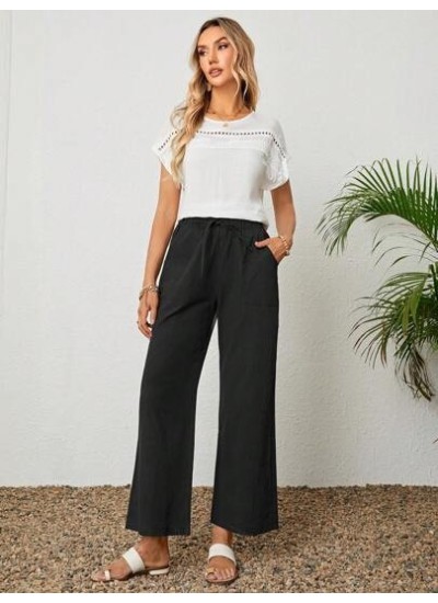 LUNE Solid Knot Front Wide Leg Pants - Choose Your Size