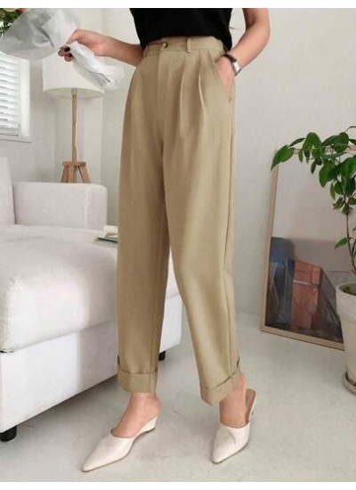 High Waist Plicated Detail Roll Hem Pants - Choose Your Size