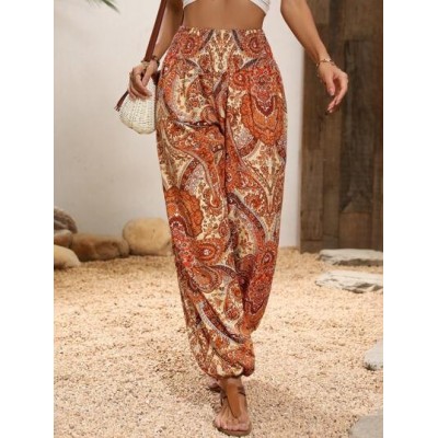 VCAY Paisley Print Shirred Waist Pants - Choose Your Size