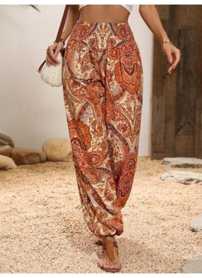 VCAY Paisley Print Shirred Waist Pants - Choose Your Size