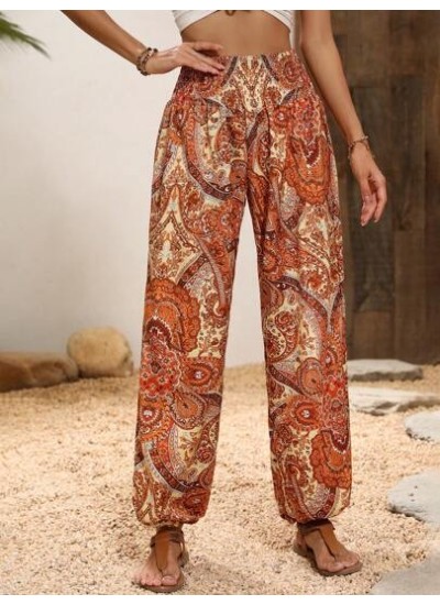 VCAY Paisley Print Shirred Waist Pants - Choose Your Size