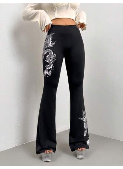 ICON Chinese Dragon Graphic Flare Leg Pants - Choose Your Size