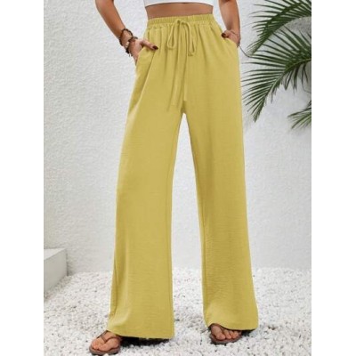 LUNE Solid Color Elastic Waist Wide Leg Pants With Slanted Pockets - Choose You