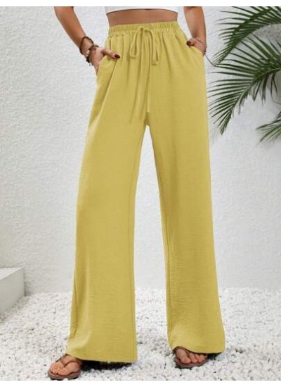 LUNE Solid Color Elastic Waist Wide Leg Pants With Slanted Pockets - Choose You