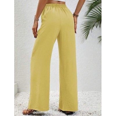 LUNE Solid Color Elastic Waist Wide Leg Pants With Slanted Pockets - Choose You