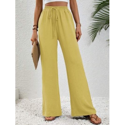 LUNE Solid Color Elastic Waist Wide Leg Pants With Slanted Pockets - Choose You