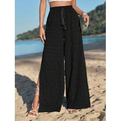 VCAY Tassel Tie Waist Split Thigh Wide Leg Pants - Choose Your Size