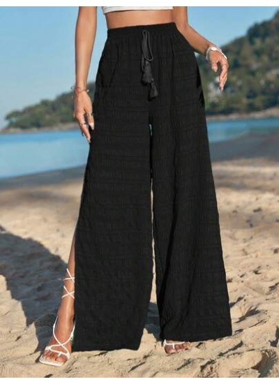 VCAY Tassel Tie Waist Split Thigh Wide Leg Pants - Choose Your Size