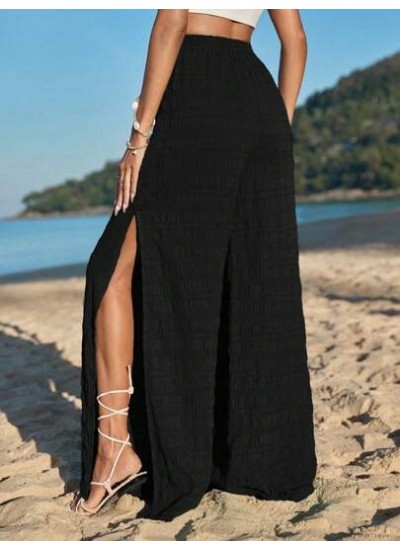 VCAY Tassel Tie Waist Split Thigh Wide Leg Pants - Choose Your Size