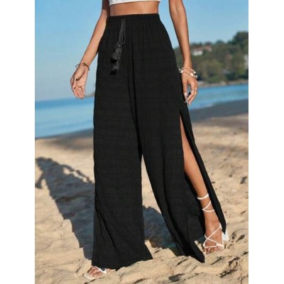 VCAY Tassel Tie Waist Split Thigh Wide Leg Pants - Choose Your Size