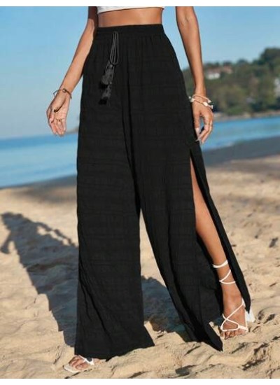 VCAY Tassel Tie Waist Split Thigh Wide Leg Pants - Choose Your Size