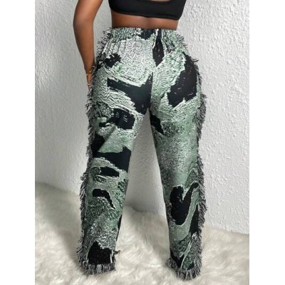 Slayr Women.S Elastic Waist Wide Leg Pants With Printed Pattern And Tassel Deta