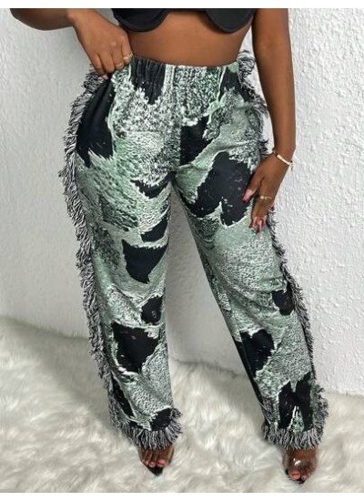 Slayr Women.S Elastic Waist Wide Leg Pants With Printed Pattern And Tassel Deta