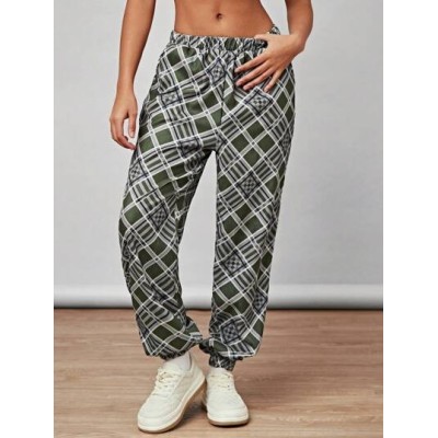 Vintage College Grid Casual Pants, American Style Harem Pants For Women With El