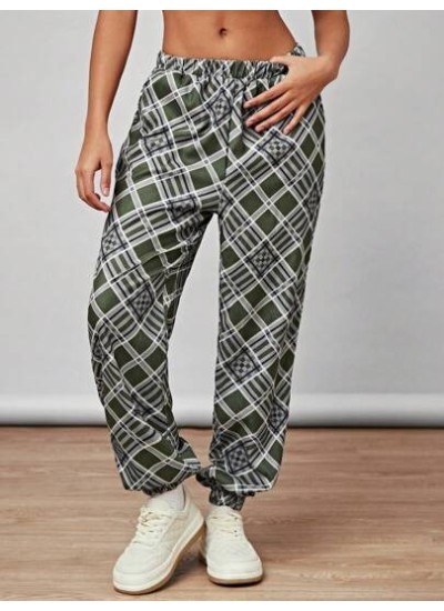 Vintage College Grid Casual Pants, American Style Harem Pants For Women With El