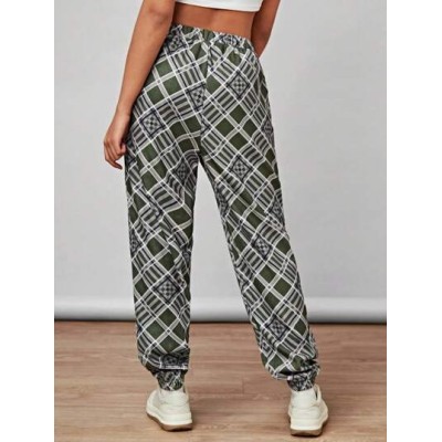 Vintage College Grid Casual Pants, American Style Harem Pants For Women With El