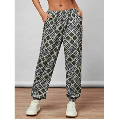 Vintage College Grid Casual Pants, American Style Harem Pants For Women With El