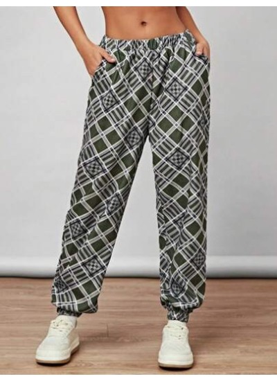 Vintage College Grid Casual Pants, American Style Harem Pants For Women With El