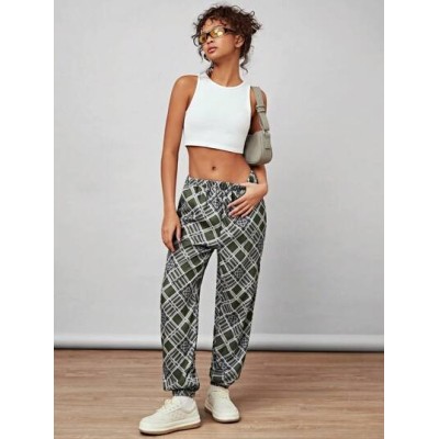 Vintage College Grid Casual Pants, American Style Harem Pants For Women With El