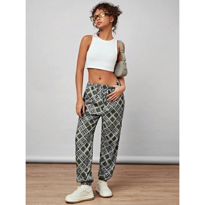 Vintage College Grid Casual Pants, American Style Harem Pants For Women With El